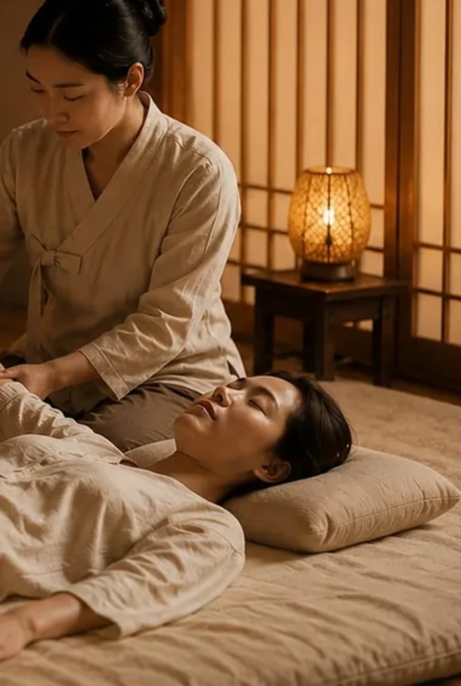 Relaxation vibratoire coréenne pratiquée habillé sur futon confortable